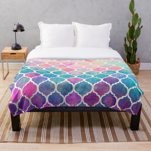 Rainbow Pastel Watercolor Moroccan Pattern Throw Blanket