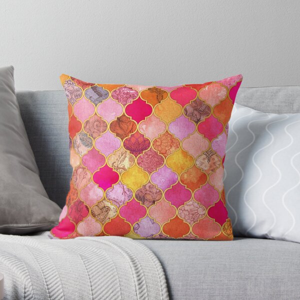 Hot Pink, Gold, Tangerine & Taupe Decorative Moroccan Tile Pattern Throw Pillow
