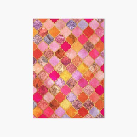 Hot Pink, Gold, Tangerine & Taupe Decorative Moroccan Tile Pattern Art Board Print