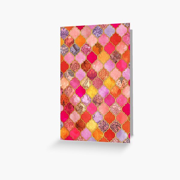 Hot Pink, Gold, Tangerine & Taupe Decorative Moroccan Tile Pattern Greeting Card