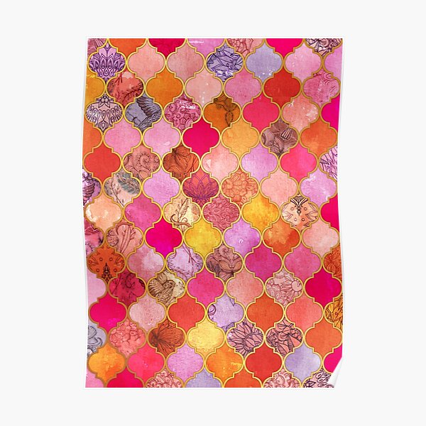 Hot Pink, Gold, Tangerine & Taupe Decorative Moroccan Tile Pattern Poster