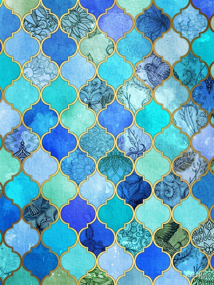 Cobalt Blue, Aqua & Gold Decorative Moroccan Tile Pattern by micklyn