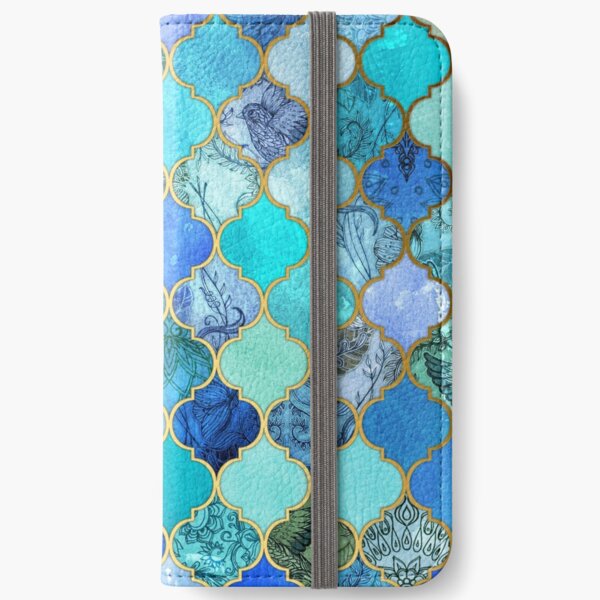 Cobalt Blue, Aqua & Gold Decorative Moroccan Tile Pattern iPhone Wallet