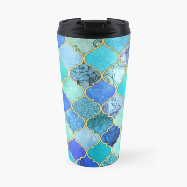 Cobalt Blue, Aqua & Gold Decorative Moroccan Tile Pattern Travel Mug