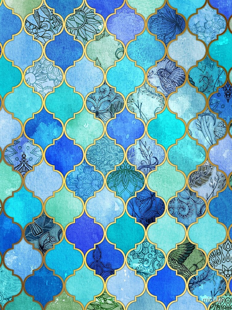 Cobalt Blue, Aqua & Gold Decorative Moroccan Tile Pattern by micklyn