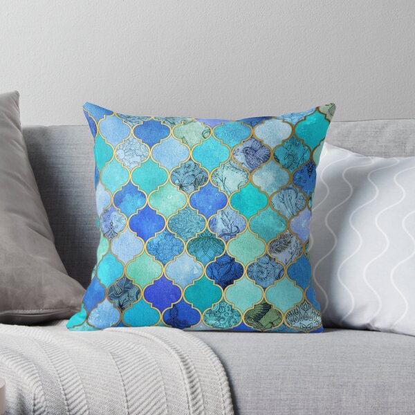 Cobalt Blue, Aqua & Gold Decorative Moroccan Tile Pattern Throw Pillow