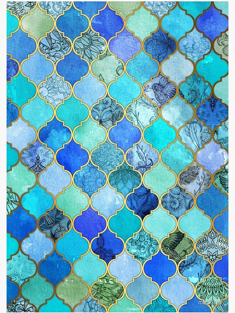 Cobalt Blue, Aqua & Gold Decorative Moroccan Tile Pattern by micklyn