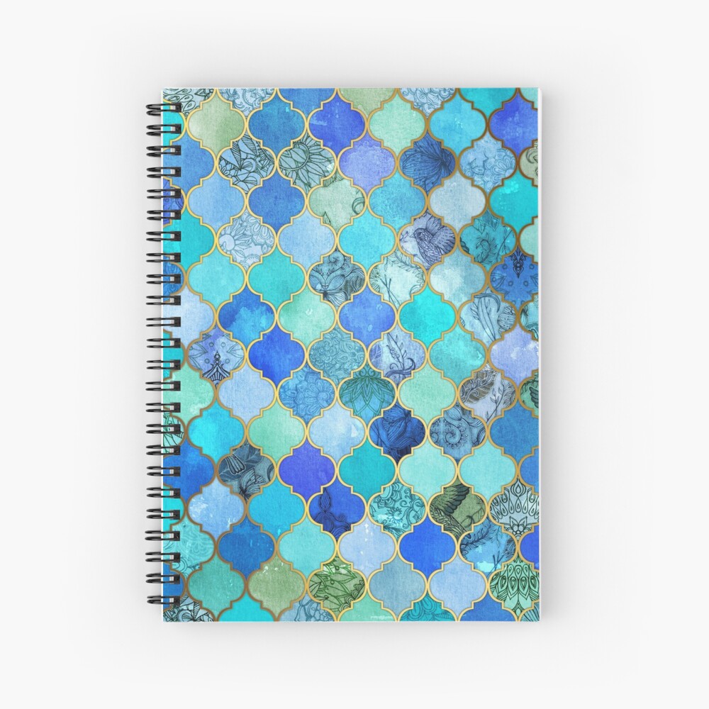 Cobalt Blue, Aqua & Gold Decorative Moroccan Tile Pattern Spiral Notebook