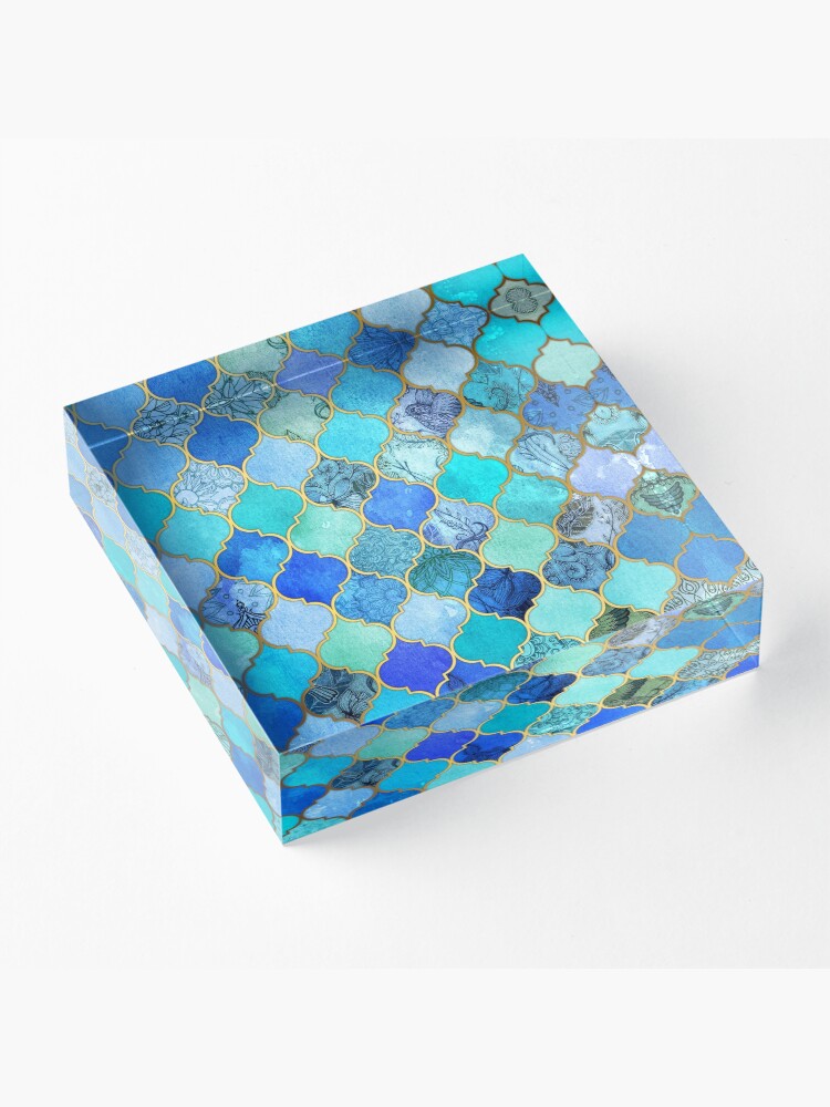 Alternate view of Cobalt Blue, Aqua & Gold Decorative Moroccan Tile Pattern Acrylic Block