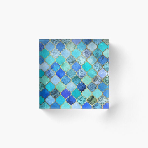 Cobalt Blue, Aqua & Gold Decorative Moroccan Tile Pattern Acrylic Block