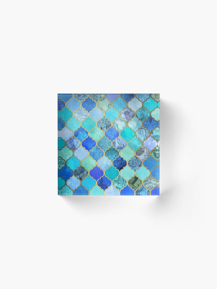 Alternate view of Cobalt Blue, Aqua & Gold Decorative Moroccan Tile Pattern Acrylic Block