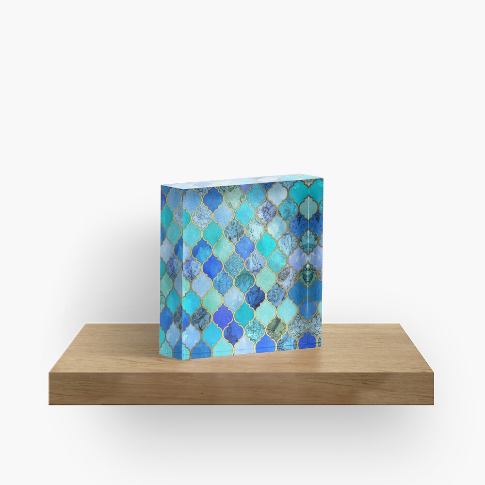 Cobalt Blue, Aqua & Gold Decorative Moroccan Tile Pattern Acrylic Block