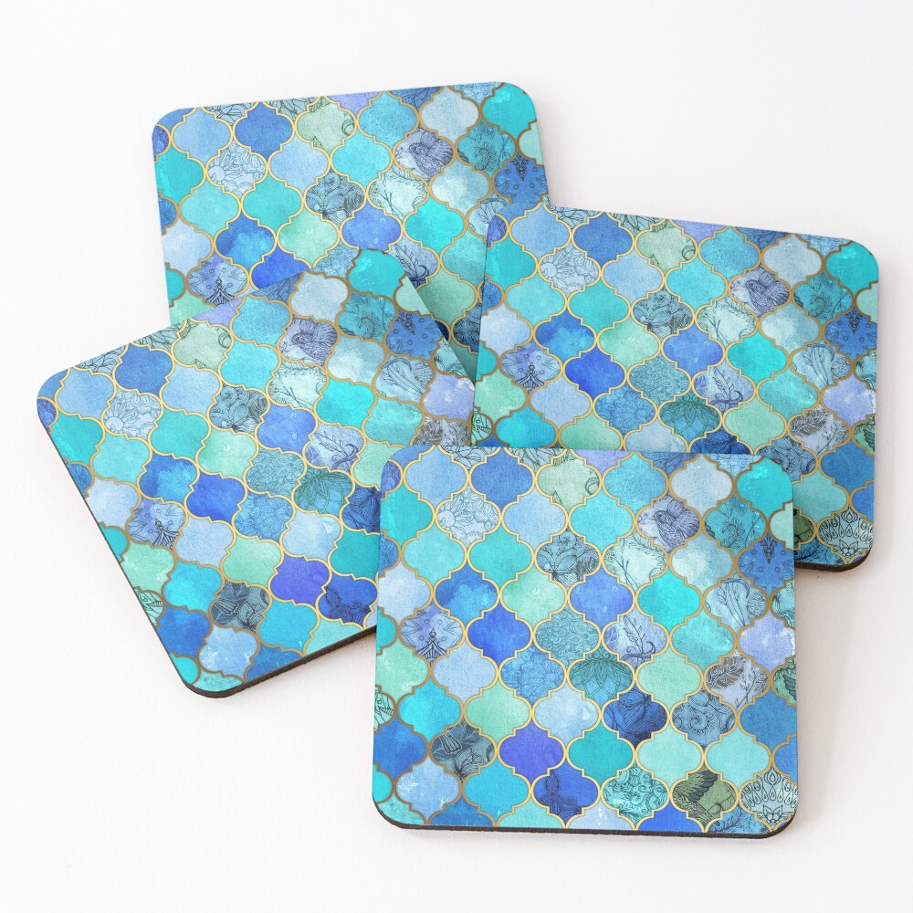 Cobalt Blue, Aqua & Gold Decorative Moroccan Tile Pattern Coasters (Set of 4)