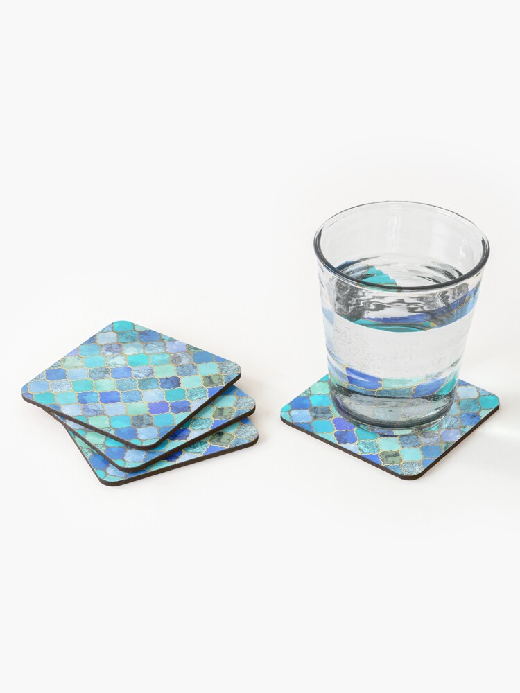 Alternate view of Cobalt Blue, Aqua & Gold Decorative Moroccan Tile Pattern Coasters (Set of 4)