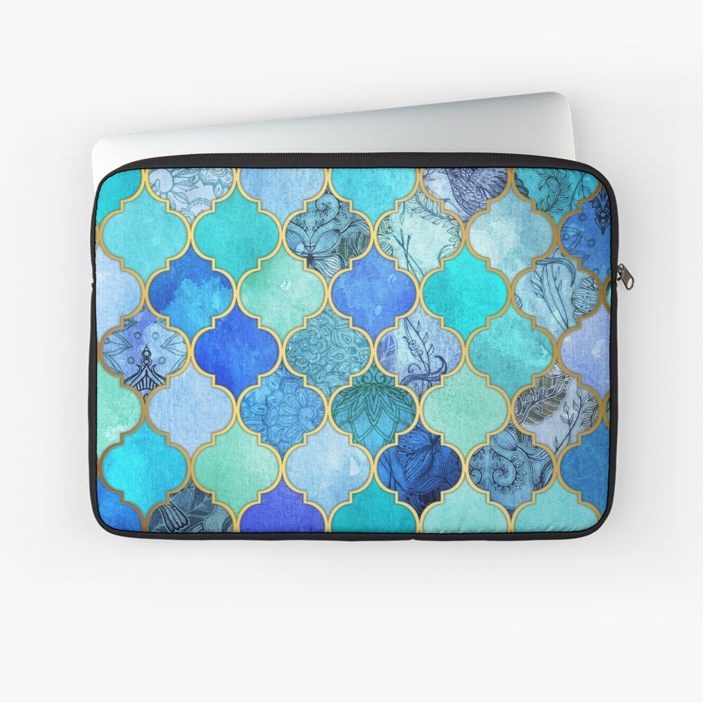 Cobalt Blue, Aqua & Gold Decorative Moroccan Tile Pattern Laptop Sleeve