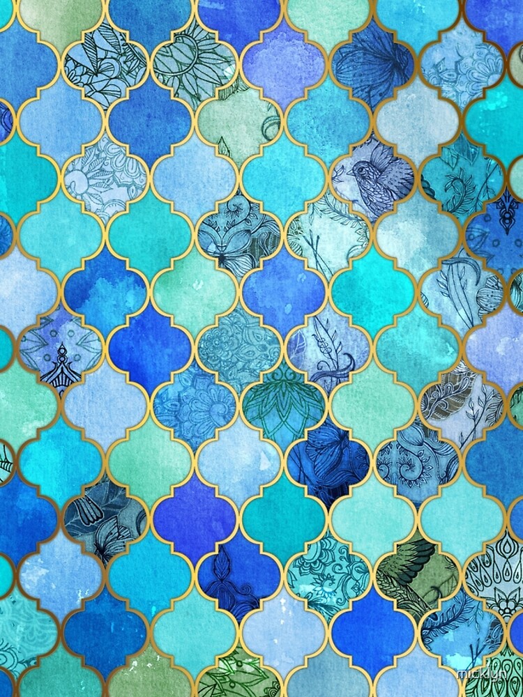 Cobalt Blue, Aqua & Gold Decorative Moroccan Tile Pattern by micklyn