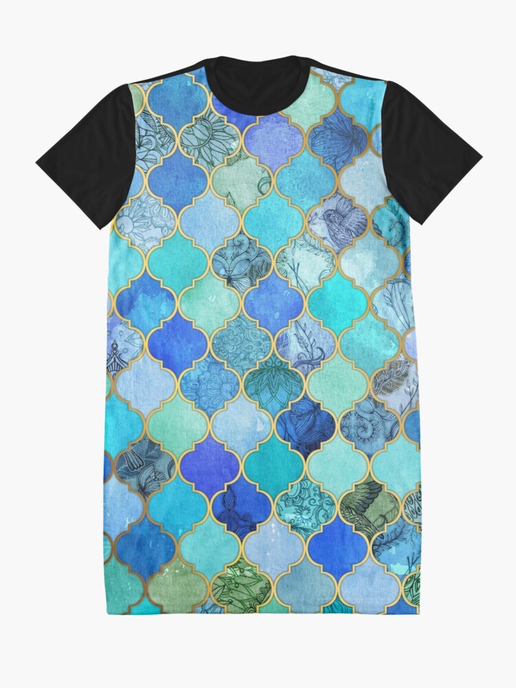 Alternate view of Cobalt Blue, Aqua & Gold Decorative Moroccan Tile Pattern Graphic T-Shirt Dress