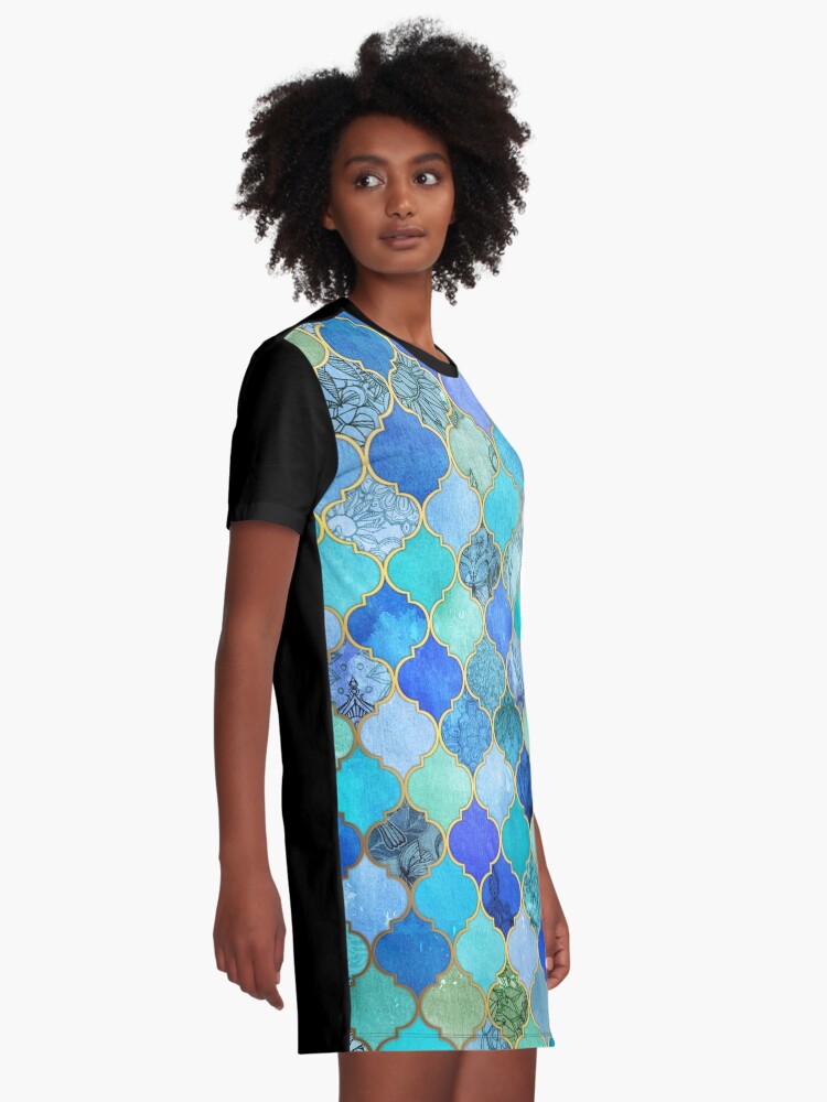 Alternate view of Cobalt Blue, Aqua & Gold Decorative Moroccan Tile Pattern Graphic T-Shirt Dress