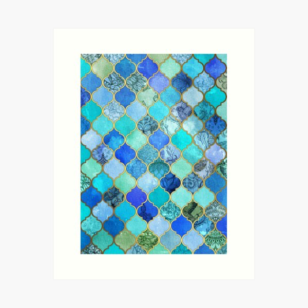 Cobalt Blue, Aqua & Gold Decorative Moroccan Tile Pattern Art Print