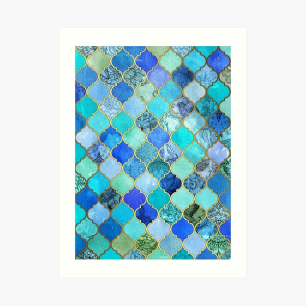 Cobalt Blue, Aqua & Gold Decorative Moroccan Tile Pattern Art Print