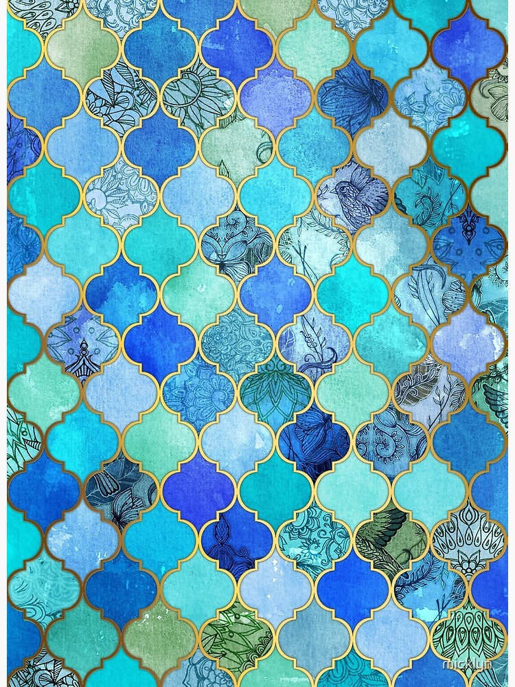 Cobalt Blue, Aqua & Gold Decorative Moroccan Tile Pattern by micklyn