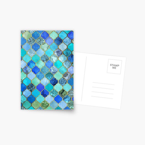 Cobalt Blue, Aqua & Gold Decorative Moroccan Tile Pattern Postcard