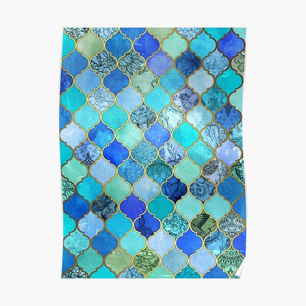 Cobalt Blue, Aqua & Gold Decorative Moroccan Tile Pattern Poster
