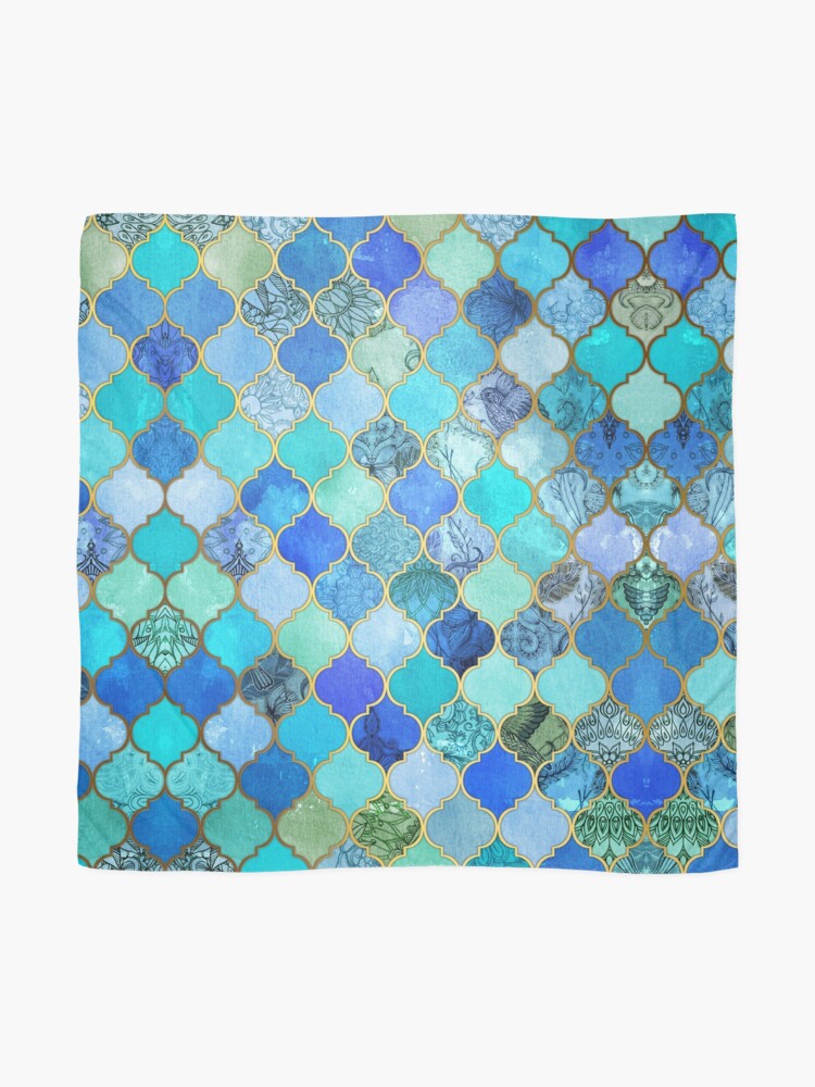 Alternate view of Cobalt Blue, Aqua & Gold Decorative Moroccan Tile Pattern Scarf