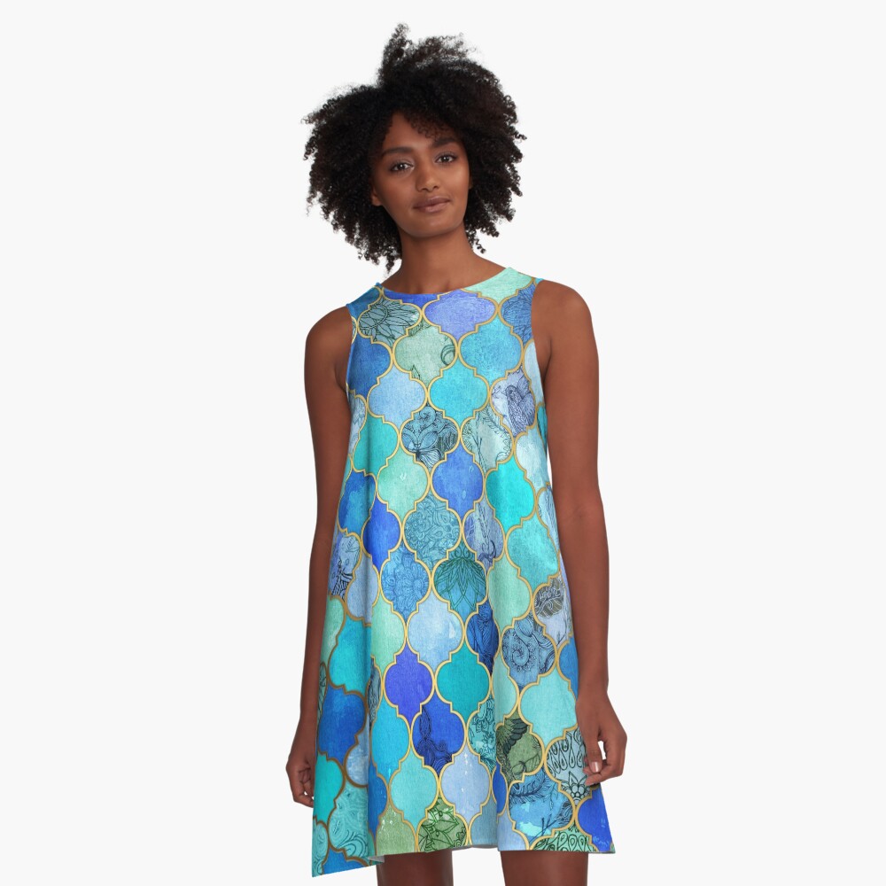 Cobalt Blue, Aqua & Gold Decorative Moroccan Tile Pattern A-Line Dress