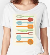 Kitchen Utensil Colored Silhouettes on Cream II Women's Relaxed Fit T-Shirt