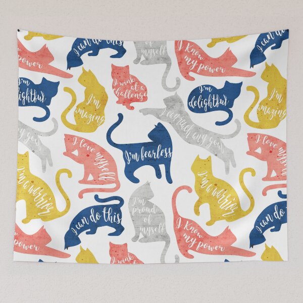 Item preview, Be like a cat // white background blue coral yellow and gray cat silhouettes with affirmations designed and sold by SelmaCardoso.