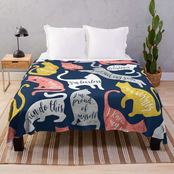 Item preview, Be like a cat // midnight blue background white coral yellow and gray cat silhouettes with affirmations designed and sold by SelmaCardoso.