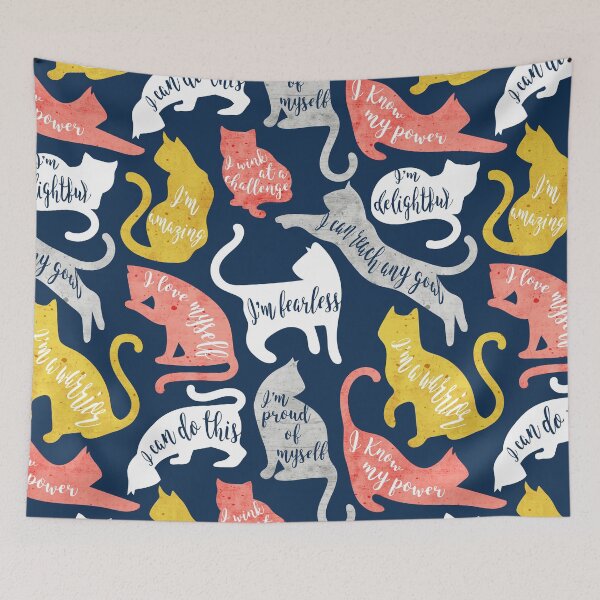 Item preview, Be like a cat // midnight blue background white coral yellow and gray cat silhouettes with affirmations designed and sold by SelmaCardoso.