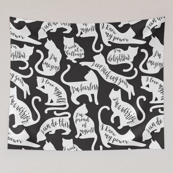 Item preview, Be like a cat // black background white cat silhouettes with affirmations designed and sold by SelmaCardoso.