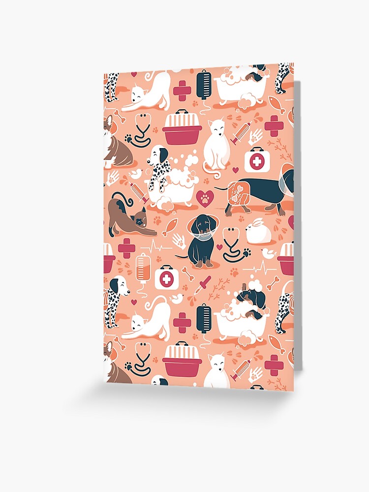 Veterinary medicine, happy and healthy friends // flesh background red  details navy blue white and brown cats dogs and other animals