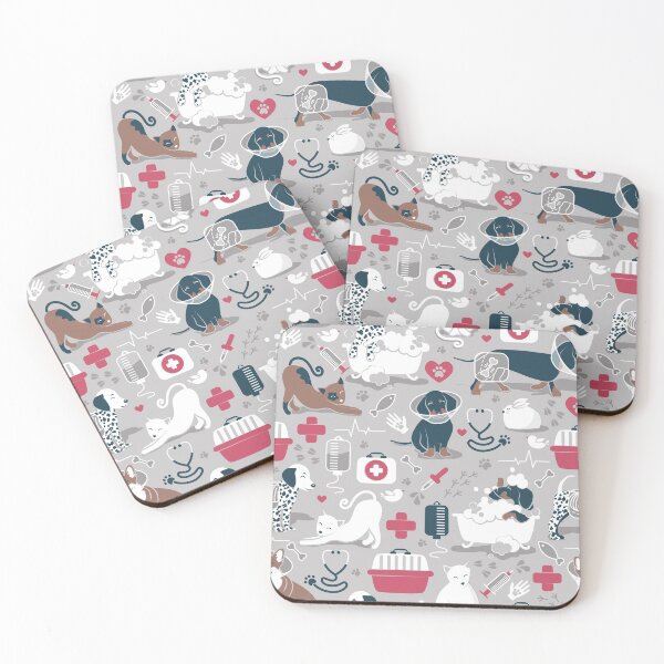 Item preview, Veterinary medicine, happy and healthy friends // grey background red details navy blue white and brown cats dogs and other animals designed and sold by SelmaCardoso.