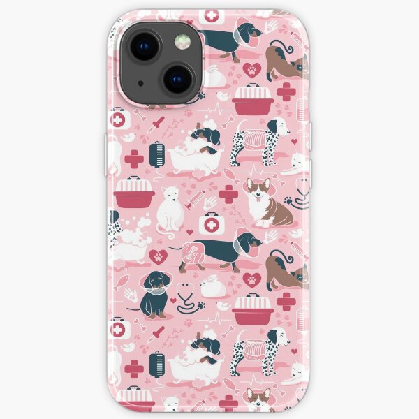 Veterinary medicine, happy and healthy friends // pink background red details navy blue white and brown cats dogs and other animals iPhone Soft Case