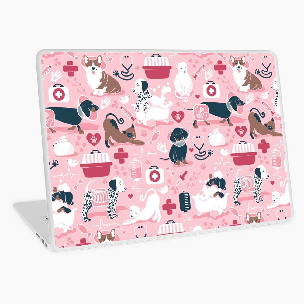 Veterinary medicine, happy and healthy friends // pink background red details navy blue white and brown cats dogs and other animals Laptop Skin