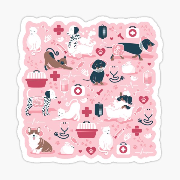 Item preview, Veterinary medicine, happy and healthy friends // pink background red details navy blue white and brown cats dogs and other animals designed and sold by SelmaCardoso.