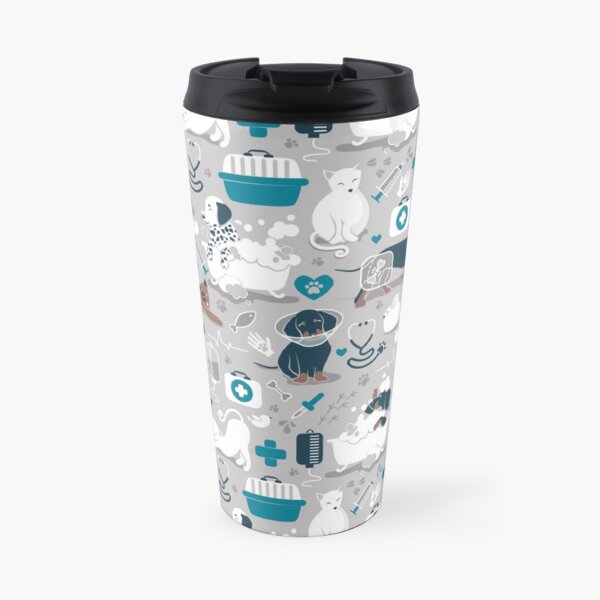 Veterinary medicine, happy and healthy friends // grey background turquoise details navy blue white and brown cats dogs and other animals Travel Mug