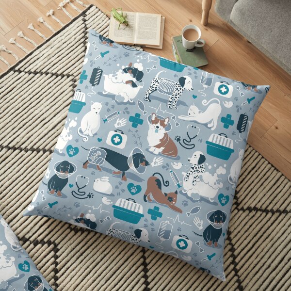 Veterinary medicine, happy and healthy friends // blue background turquoise details navy blue white and brown cats dogs and other animals Floor Pillow