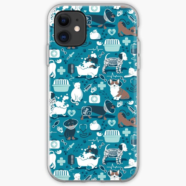 Veterinary medicine, happy and healthy friends // turquoise background aqua details navy blue white and brown cats dogs and other animals iPhone Soft Case