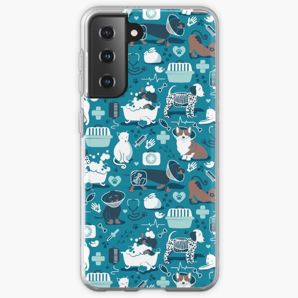 Veterinary medicine, happy and healthy friends // turquoise background aqua details navy blue white and brown cats dogs and other animals Samsung Galaxy Soft Case