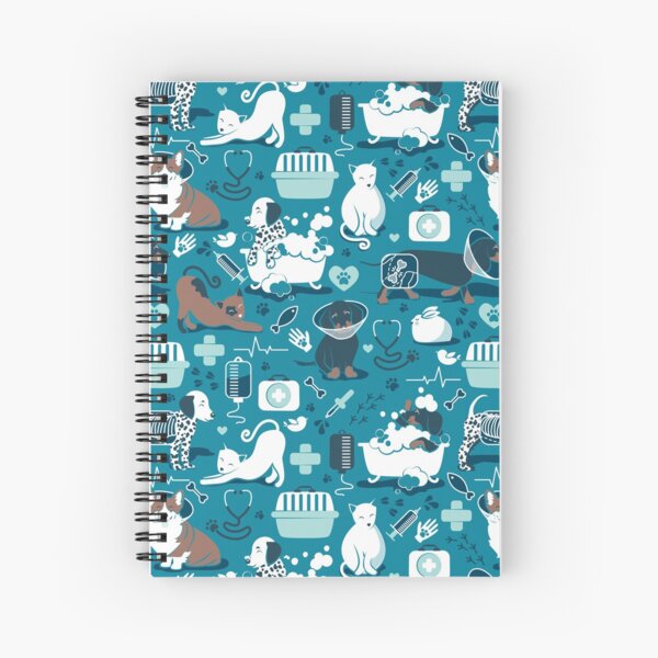 Veterinary medicine, happy and healthy friends // turquoise background aqua details navy blue white and brown cats dogs and other animals Spiral Notebook