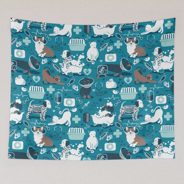 Item preview, Veterinary medicine, happy and healthy friends // turquoise background aqua details navy blue white and brown cats dogs and other animals designed and sold by SelmaCardoso.