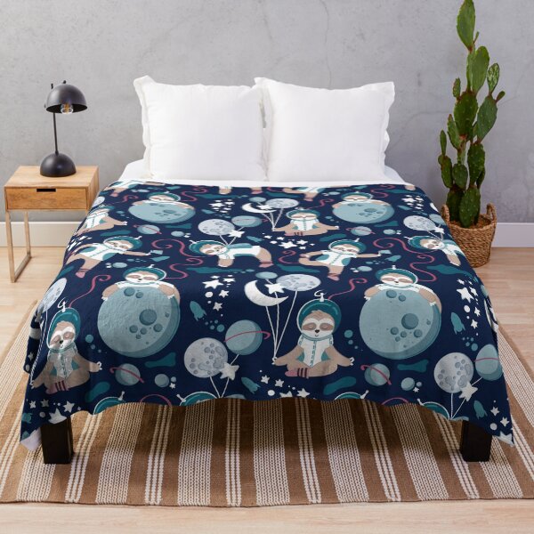 Item preview, Best Space To Be // navy blue background turquoise moons and cute astronauts sloths designed and sold by SelmaCardoso.