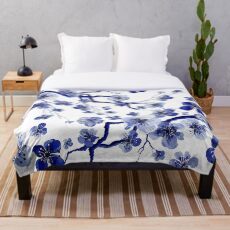 Navy Japanese Flowers Throw Blanket