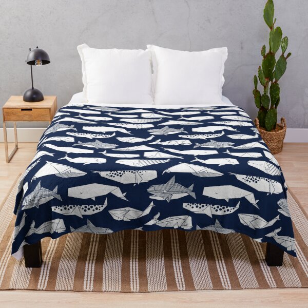Item preview, Origami Sea // navy blue background white paper whales designed and sold by SelmaCardoso.