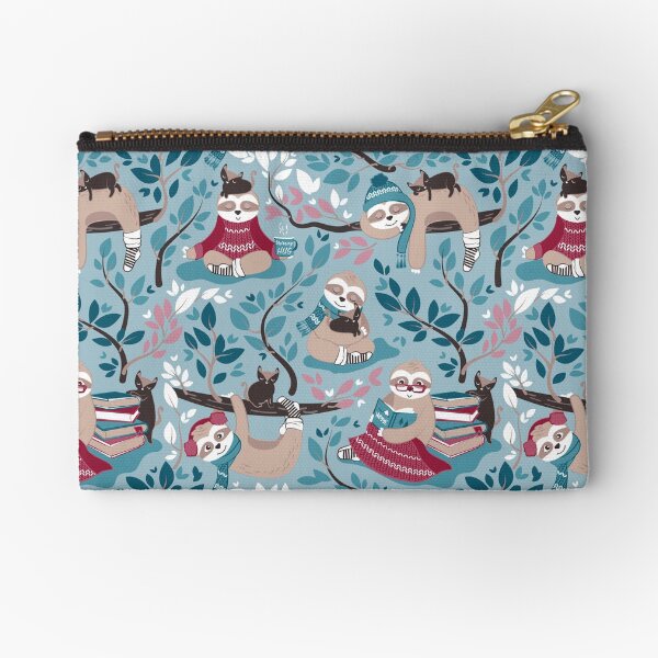 Hygge sloth // small scale // pale blue and red Zipper Pouch