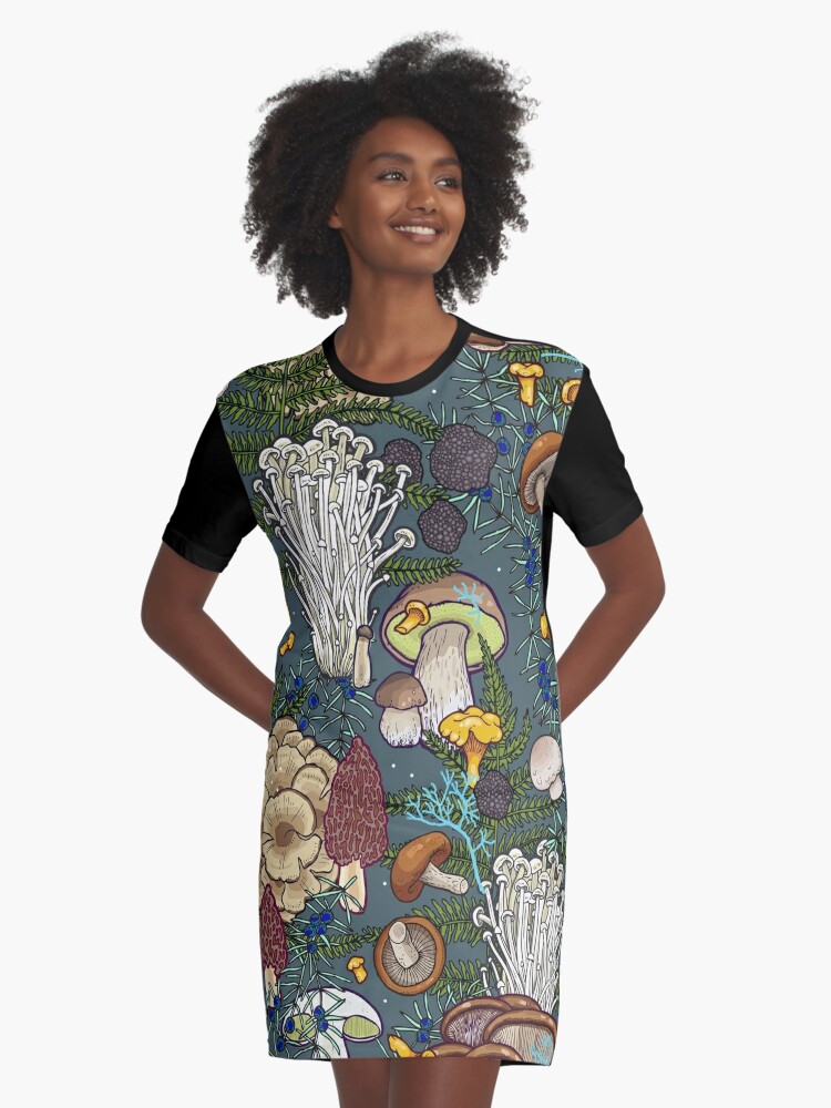 Graphic T-Shirt Dress, mushroom forest designed and sold by smalldrawing